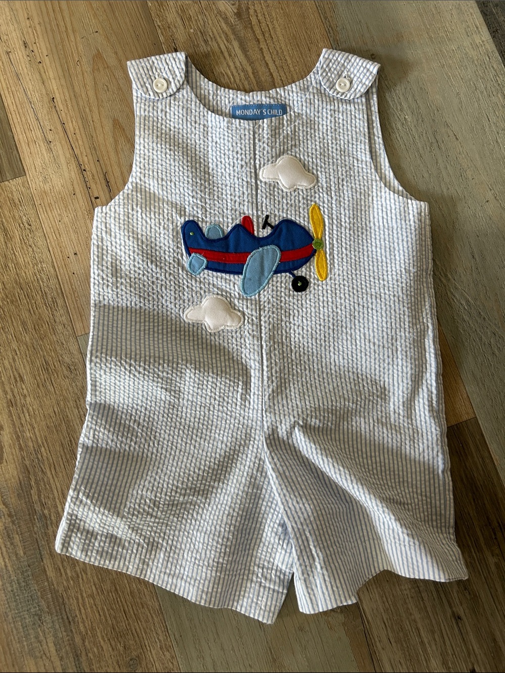 MONDAY’s CHILD Sz 18M Blue Stripe Airplane Appliqué Kids Romper Summer Casual